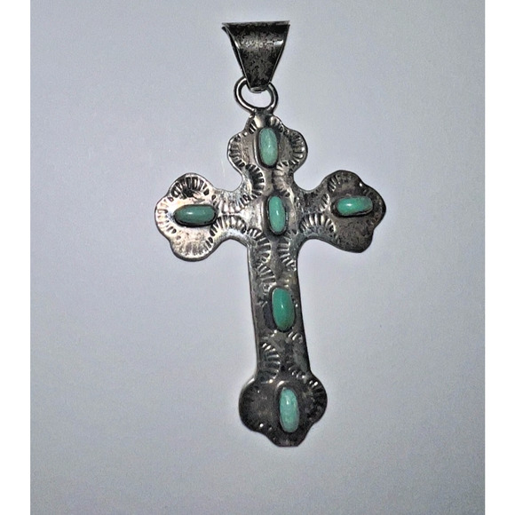 Vintage Mexican Sterling Silver Turquoise Cross Pendant 2.5 Boho Southwest Style - Picture 5 of 6